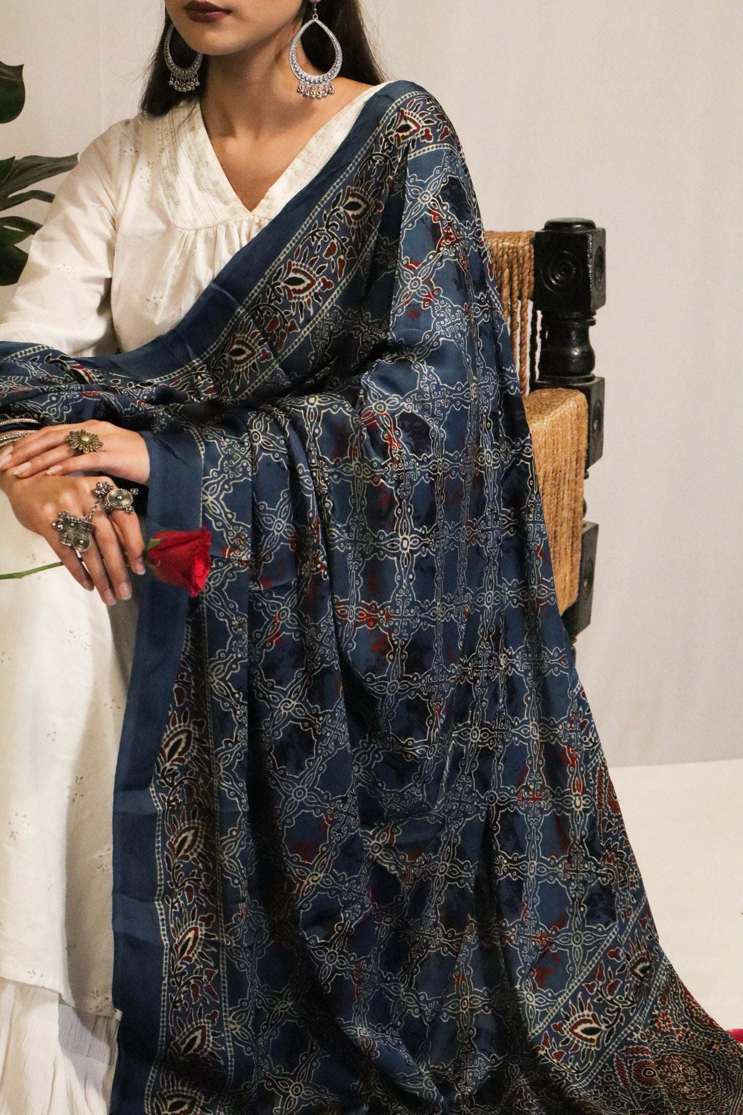 Midnight Blue Ajrakh Modal Silk Dupatta