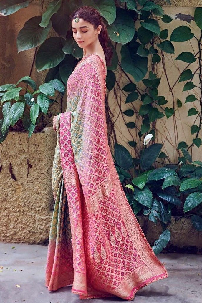Alia Bhatt inspired Bandhani Neem Zari Saree