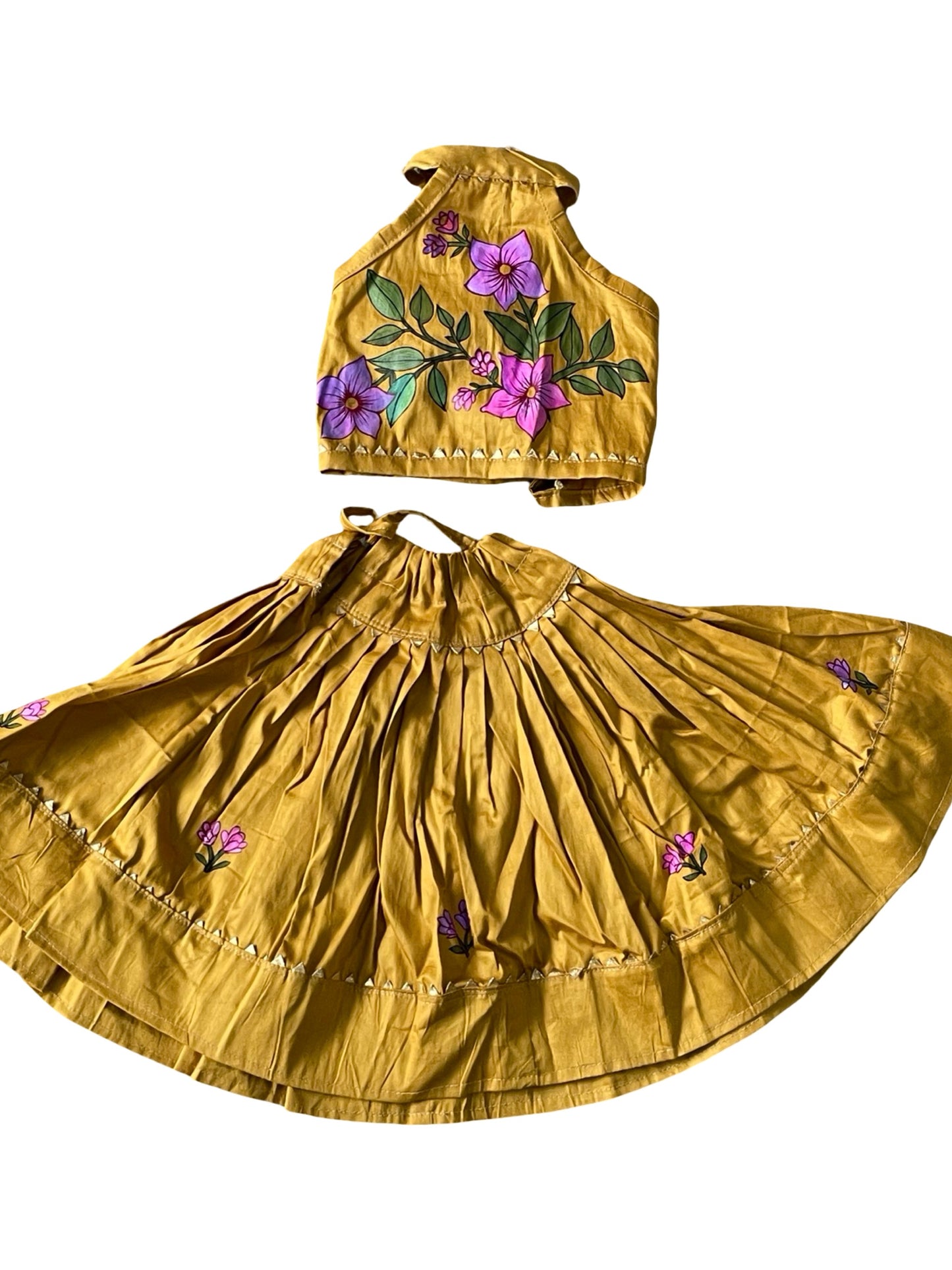 Mustard handmade cotton blouse and skirt set for baby girl featuring traditional styling and comfortable cotton fabric