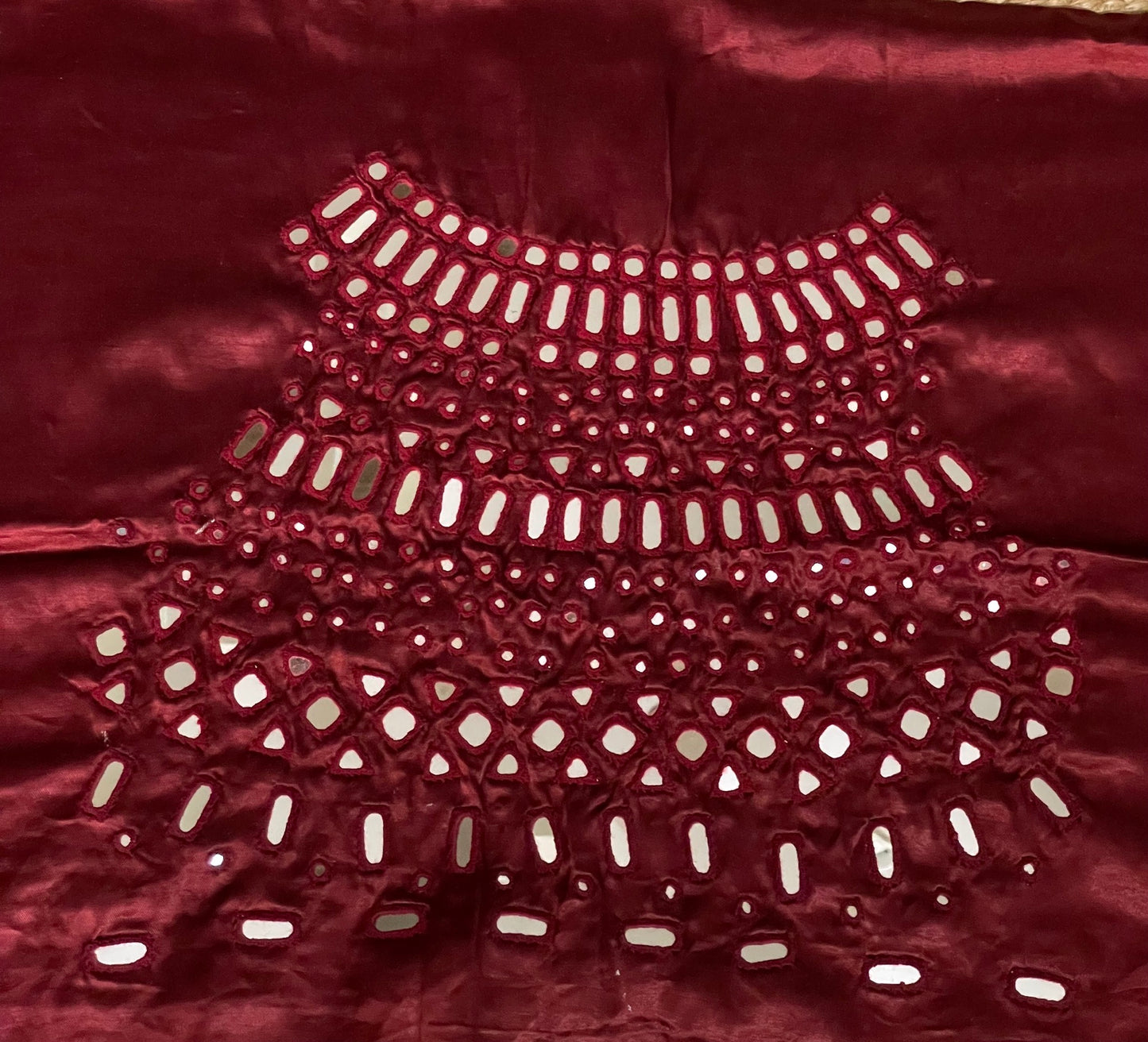 Premium wine burgundy blouse piece adorned with decorative mirror accents