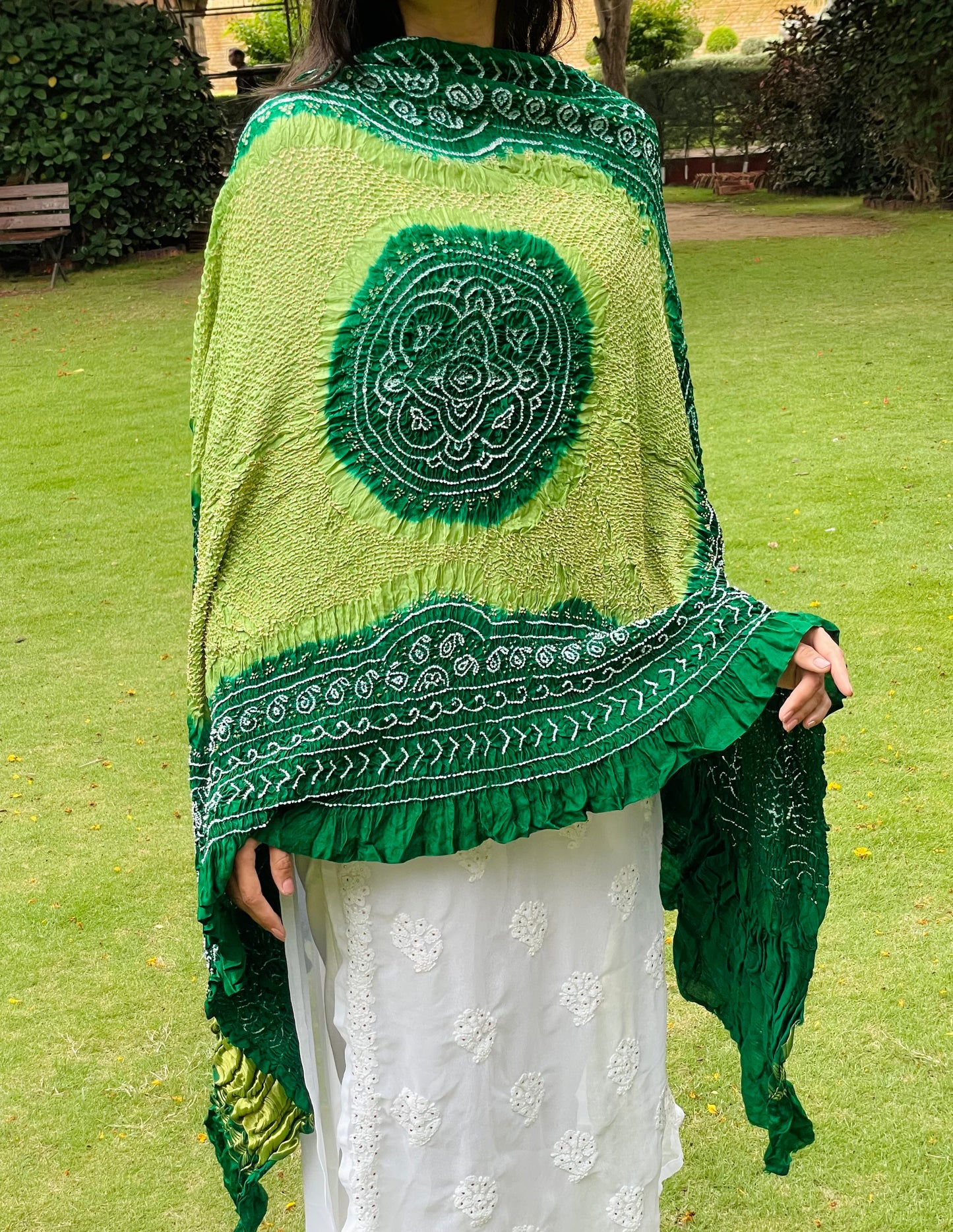 Handcrafted emerald green Bandhani dupatta made from premium Gajji silk fabric