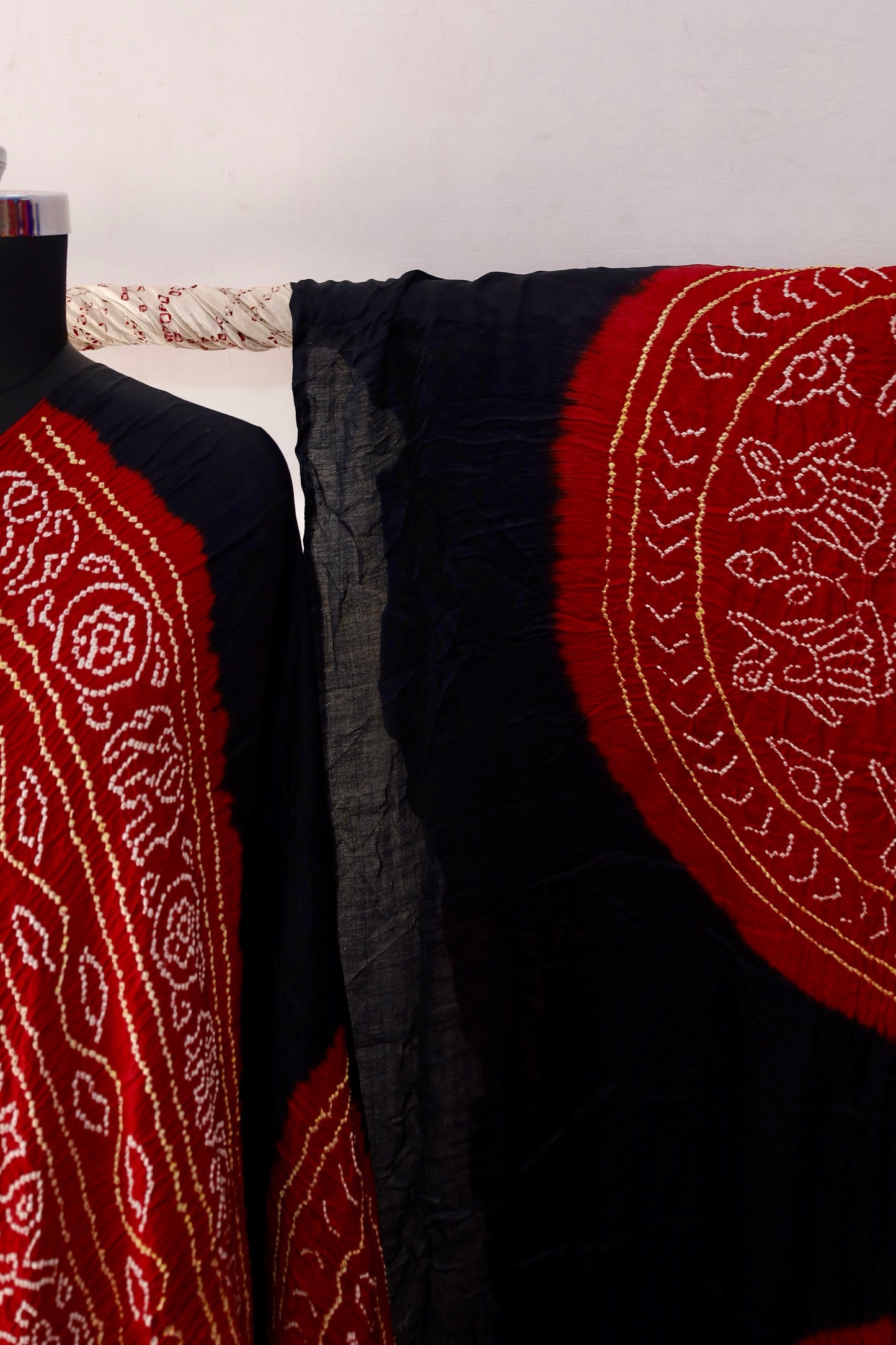 Premium Crimson Edge Bandhani Gajji silk saree highlighting fine artisan craftsmanship and festive elegance