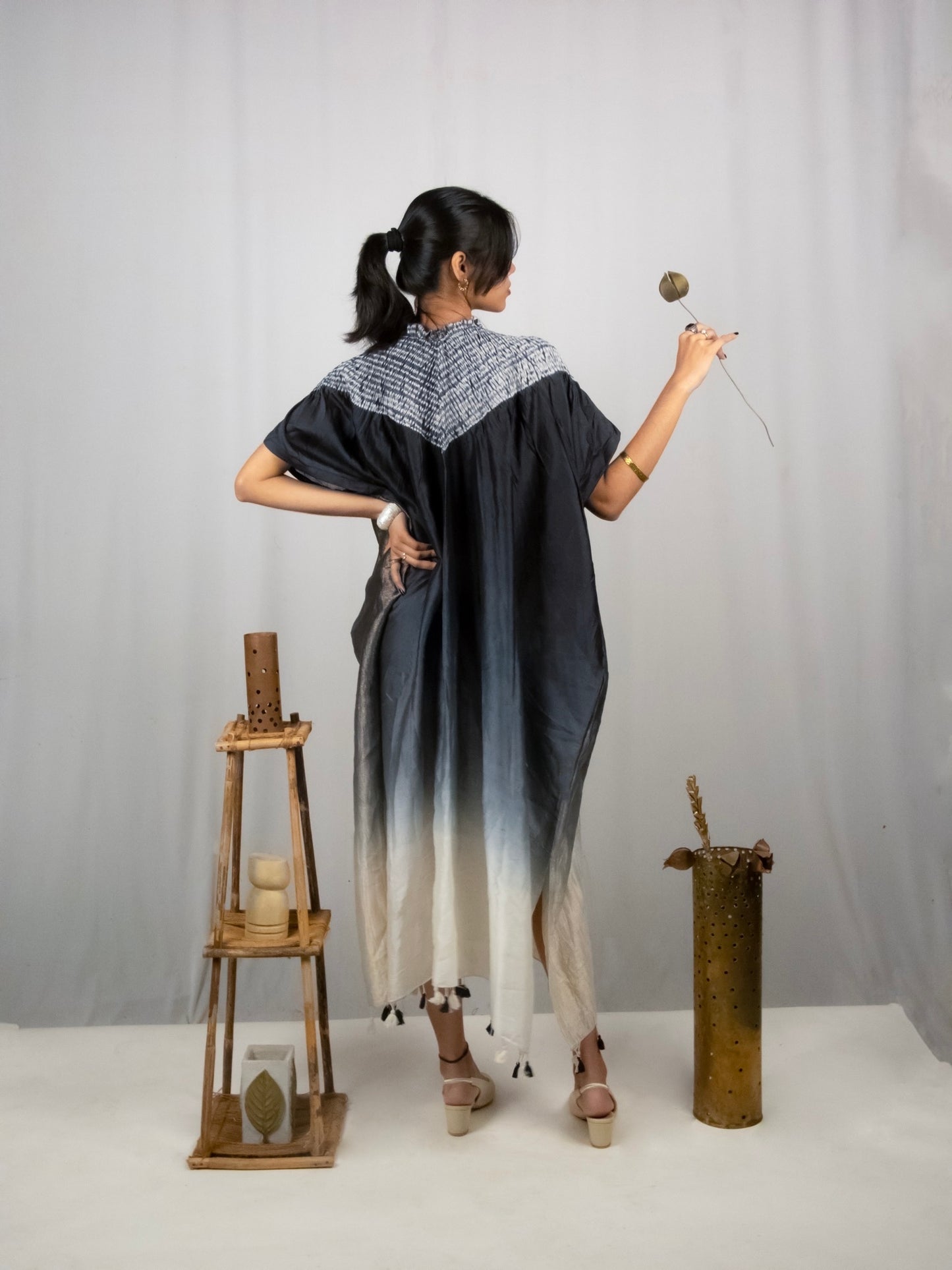 Traditional Bandhani Shibori silk kaftan highlighting rich craftsmanship and contemporary elegance