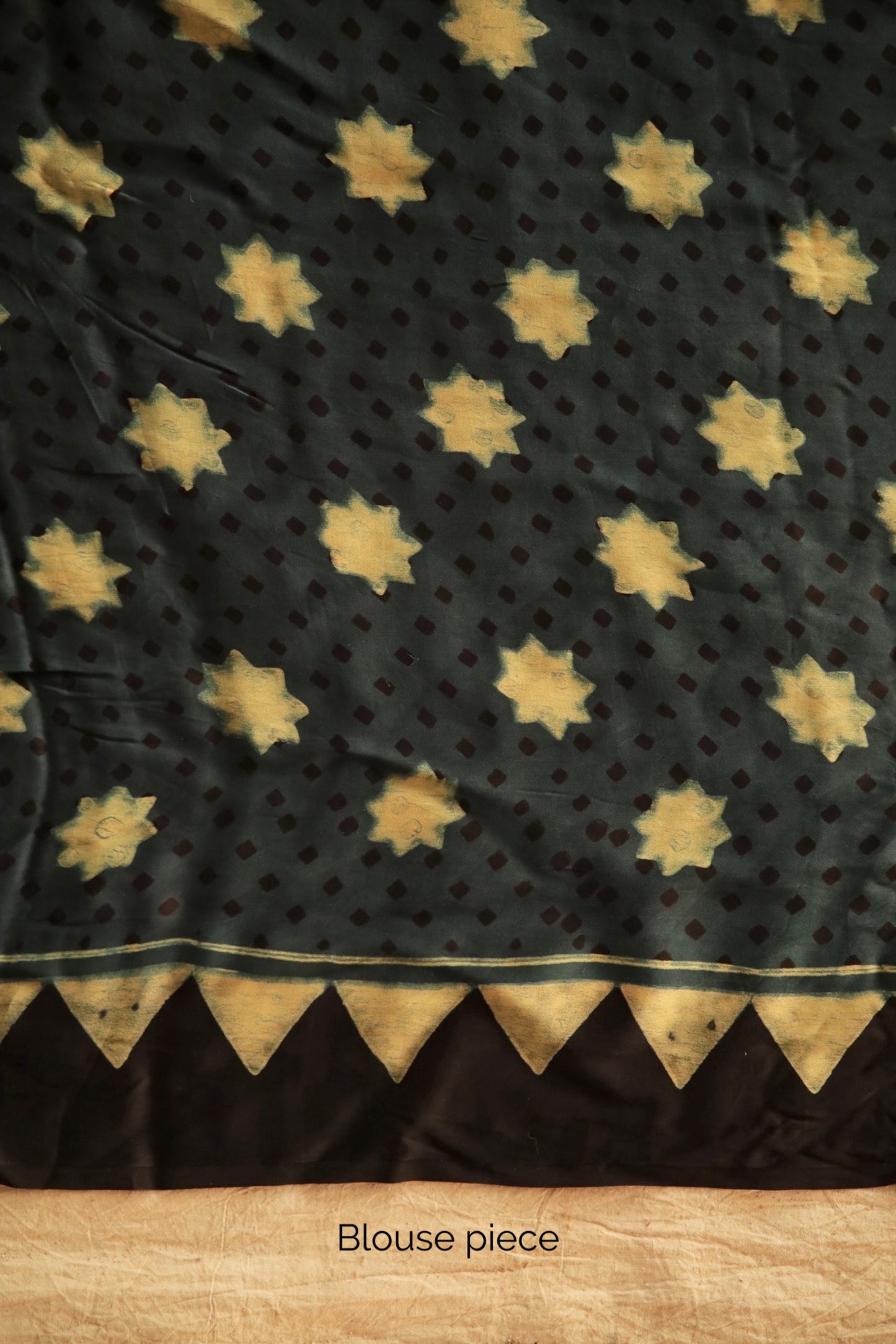Premium pine green modal silk saree showcasing authentic Ajrakh hand block printing techniques
