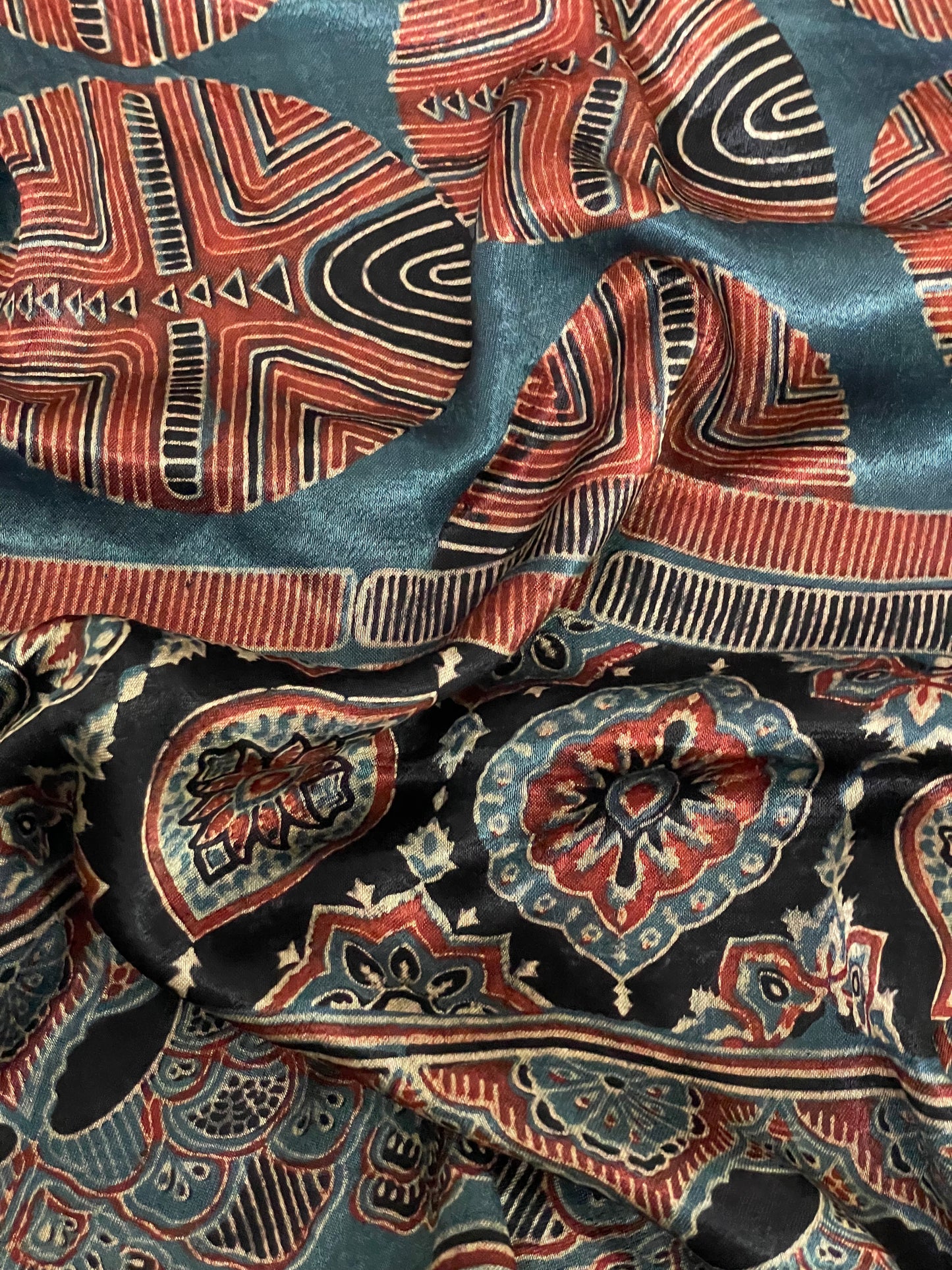 Premium ocean blue Ajrakh stole with heritage block print motifs and luxurious texture