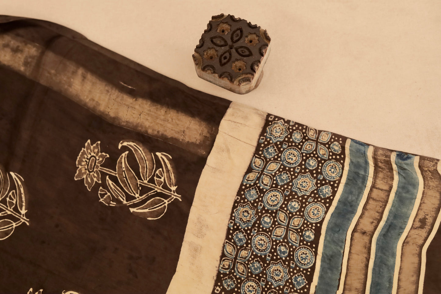 Premium espresso brown Ajrakh dupatta with heritage block print motifs and luxurious texture