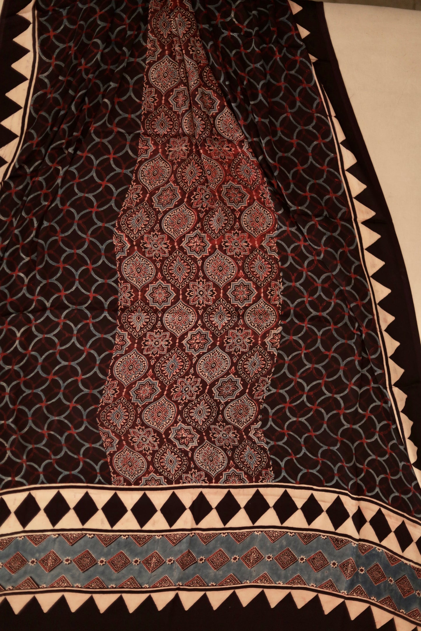 Premium mocha brown Ajrakh dupatta with heritage block print motifs and luxurious texture