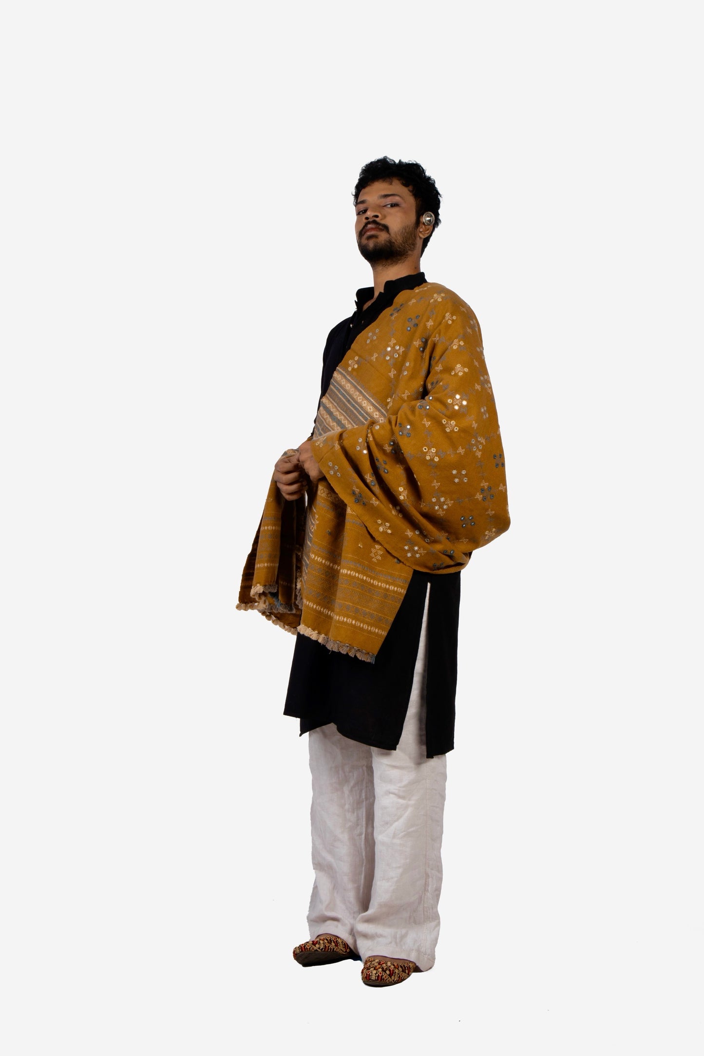 Premium handwoven men's wool shawl with beige stripe detailing and a refined drape