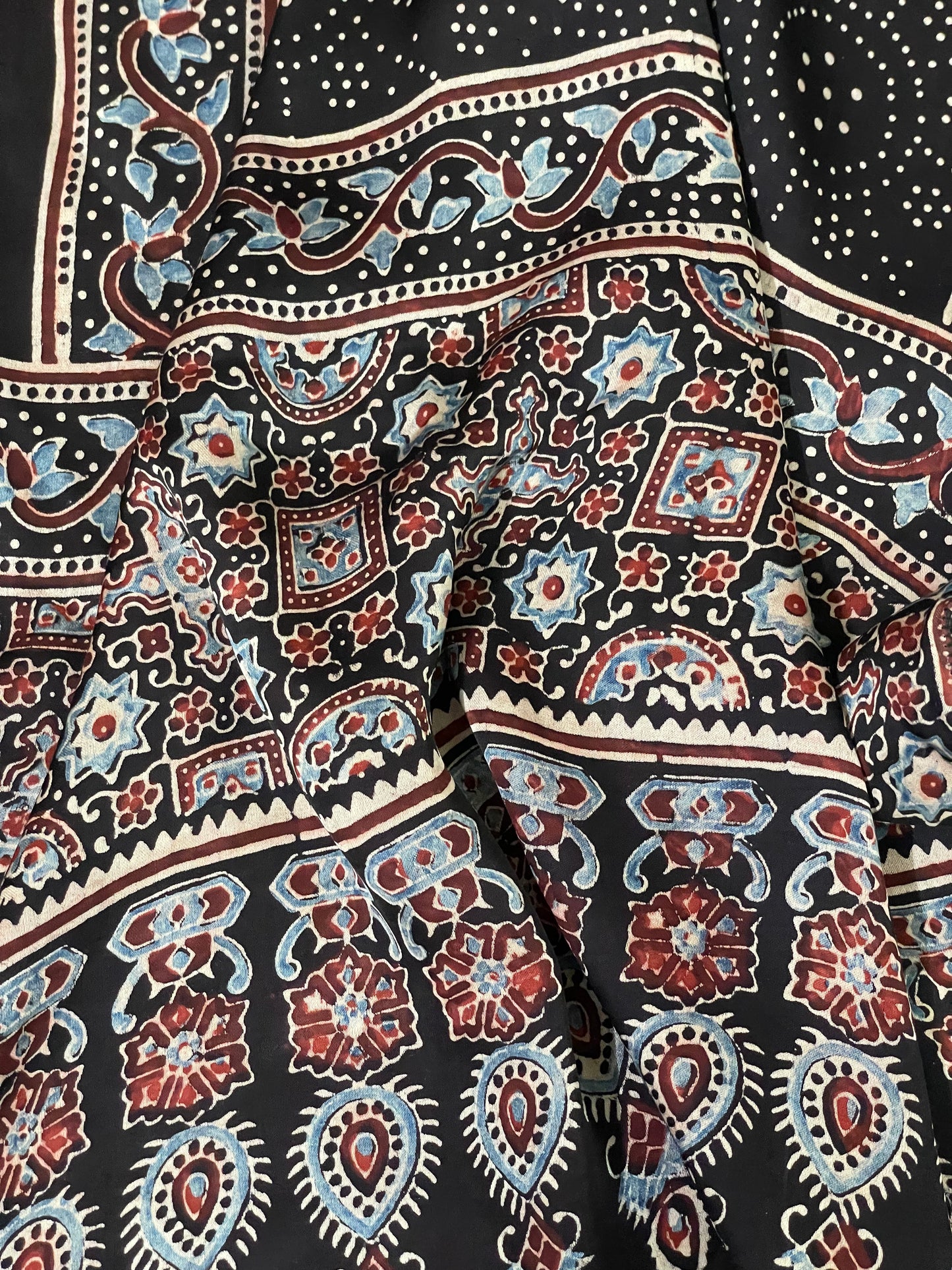 Ethnic black modal silk stole adorned with detailed Ajrakh-inspired patterns