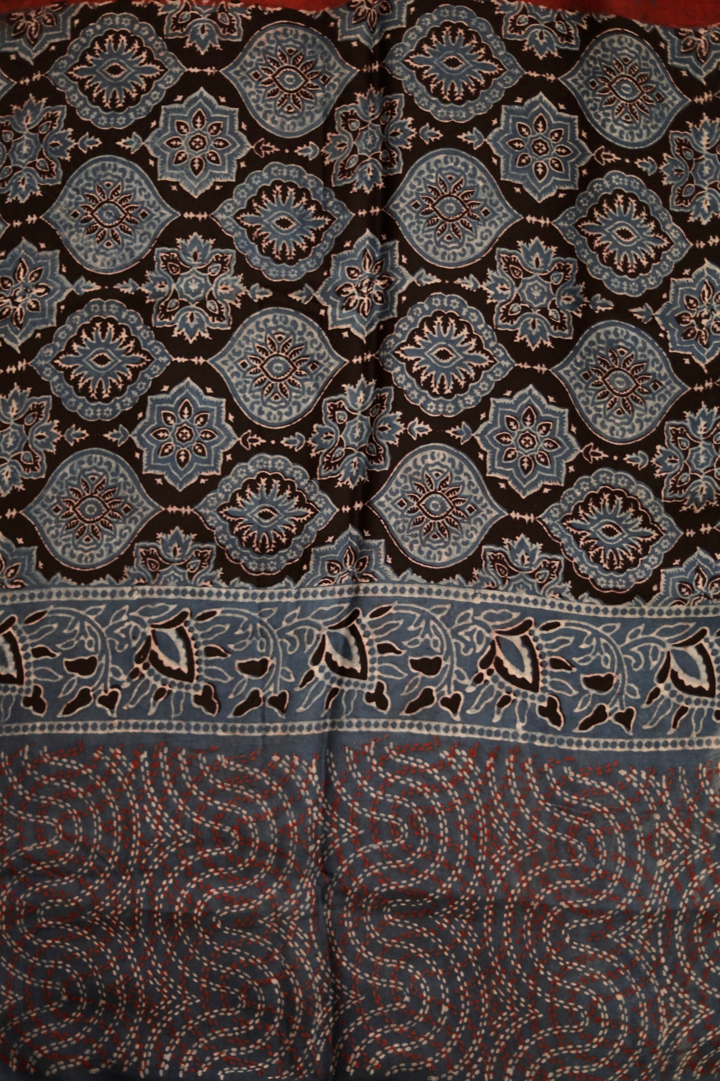 Premium charcoal grey Ajrakh dupatta with heritage block print motifs and luxurious texture