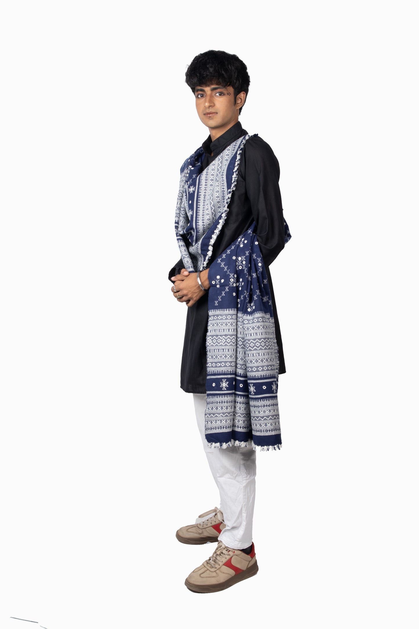 Premium handwoven men's wool shawl in navy with a soft texture and refined finish