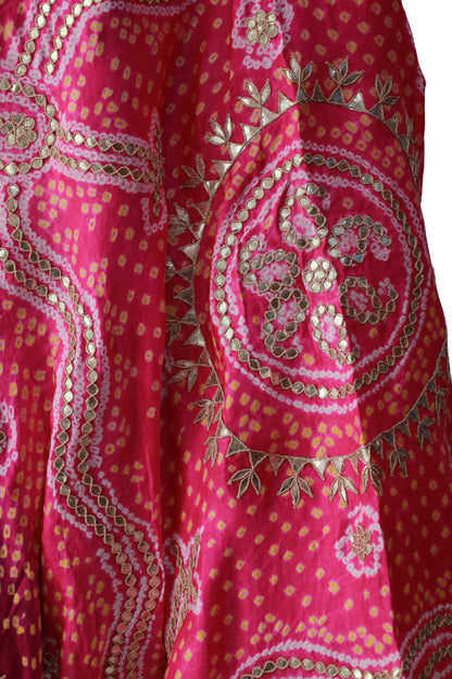 BIJOI pink and burgundy silk dupatta with large floral embellishments and a gold-toned end border