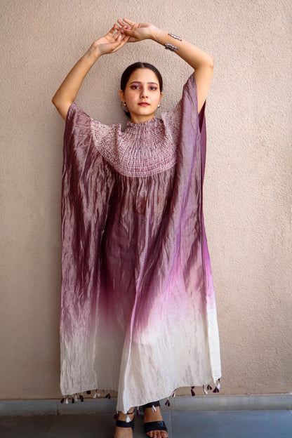 Mauve Dusk Bandhani Shibori Silk Kaftaan