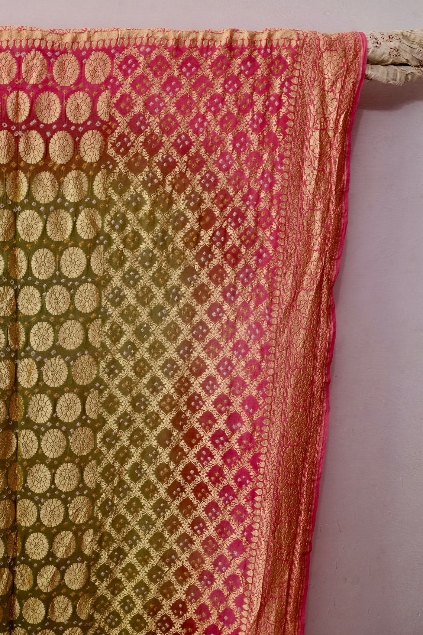Alia Bhatt inspired Bandhani Neem Zari saree featuring traditional tie-dye patterns and elegant zari detailing