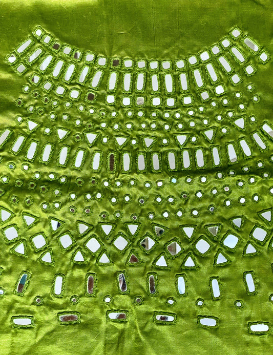 Apple green mirror work blouse piece showcasing intricate handcrafted embellishments