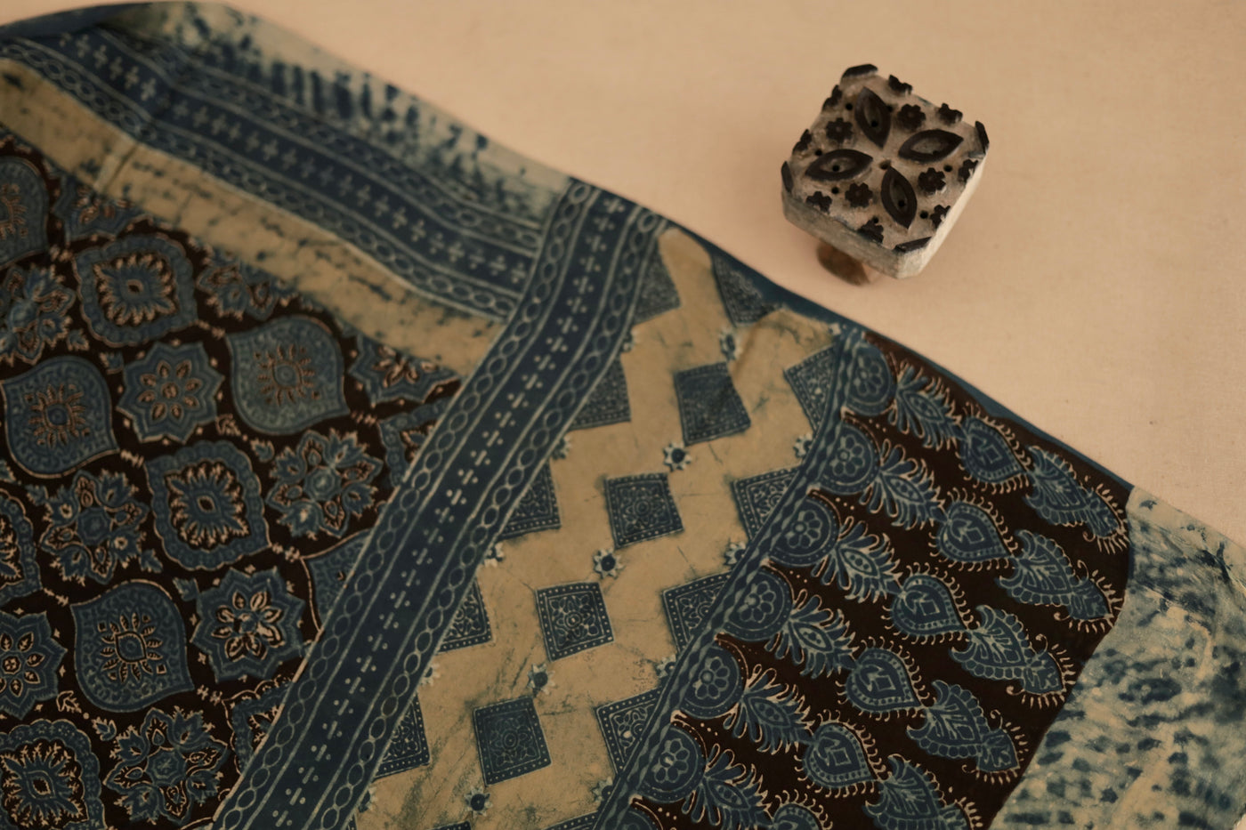 Aqua blue Ajrakh modal silk dupatta featuring intricate hand block printed motifs and elegant drape