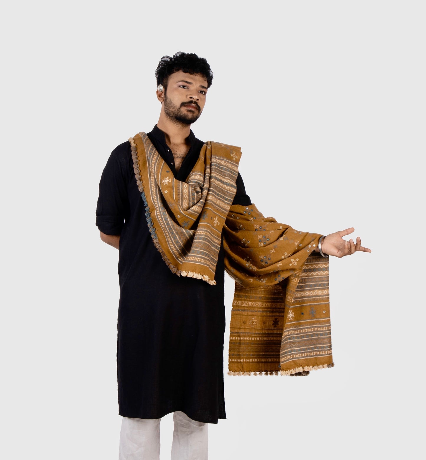 Elegant beige stripe woolen shawl for men handcrafted using traditional handloom weaving techniques