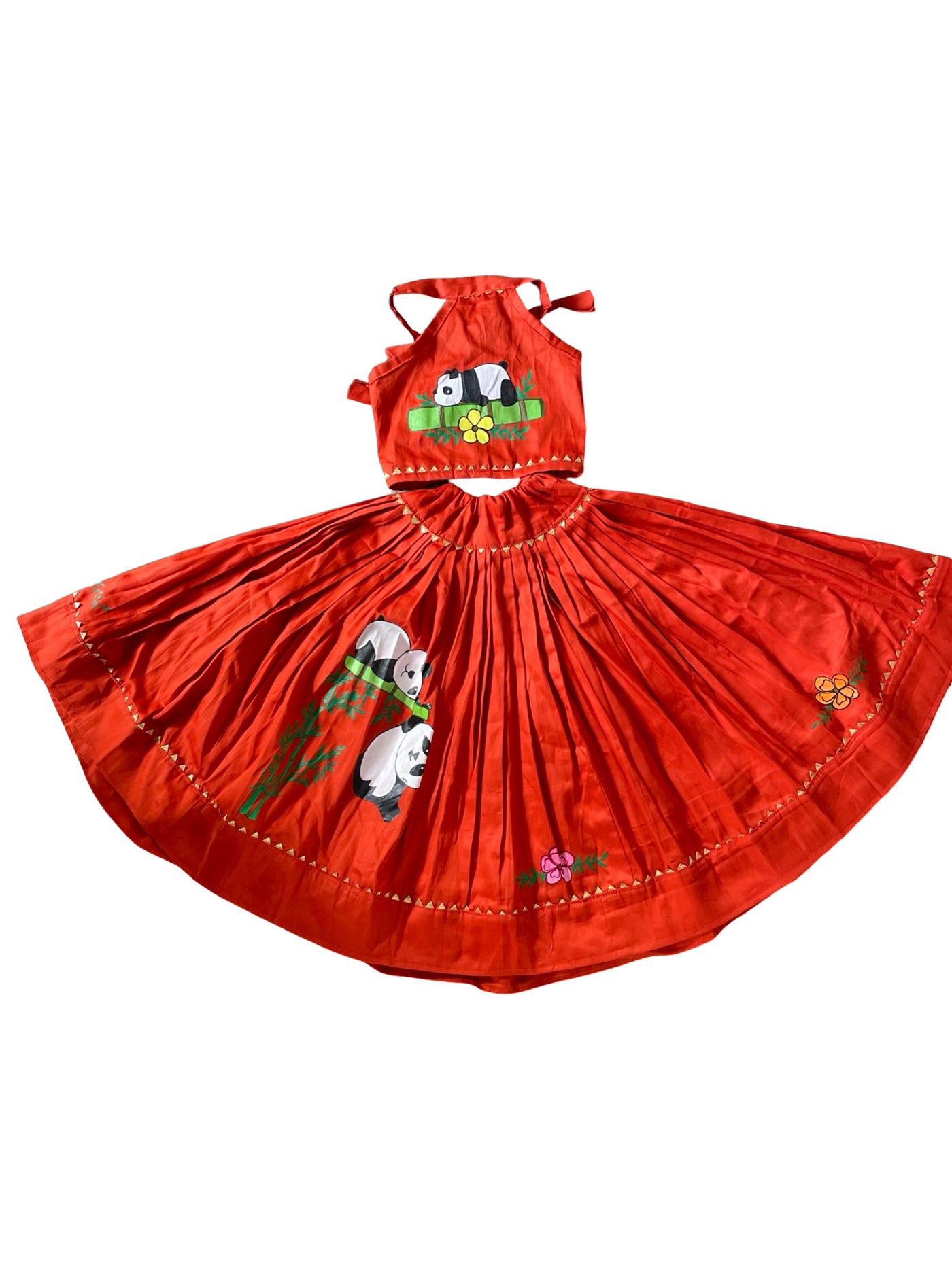 Crimson red handpainted cotton blouse and skirt set for baby featuring handcrafted artwork and traditional elegance