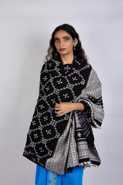 Elegant midnight black wool shawl handcrafted by skilled artisans using traditional weaving techniques