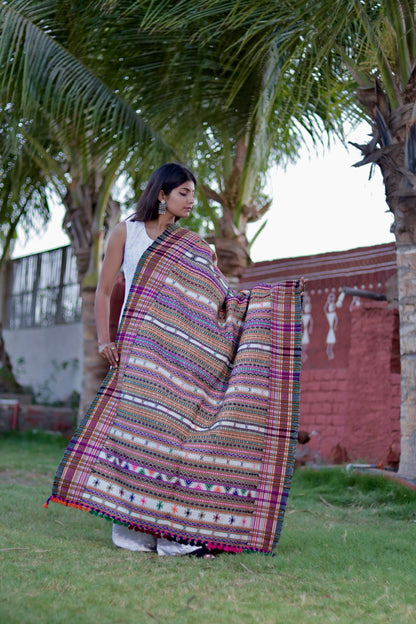 Elegant multicolour wool shawl handcrafted using traditional handloom weaving techniques