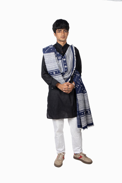 Elegant navy woolen shawl for men handcrafted using traditional handloom weaving techniques
