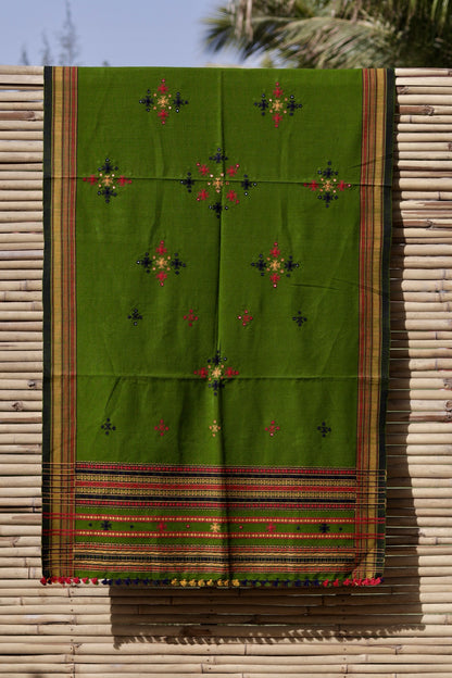 Elegant olive green wool shawl handcrafted using traditional handloom weaving techniques