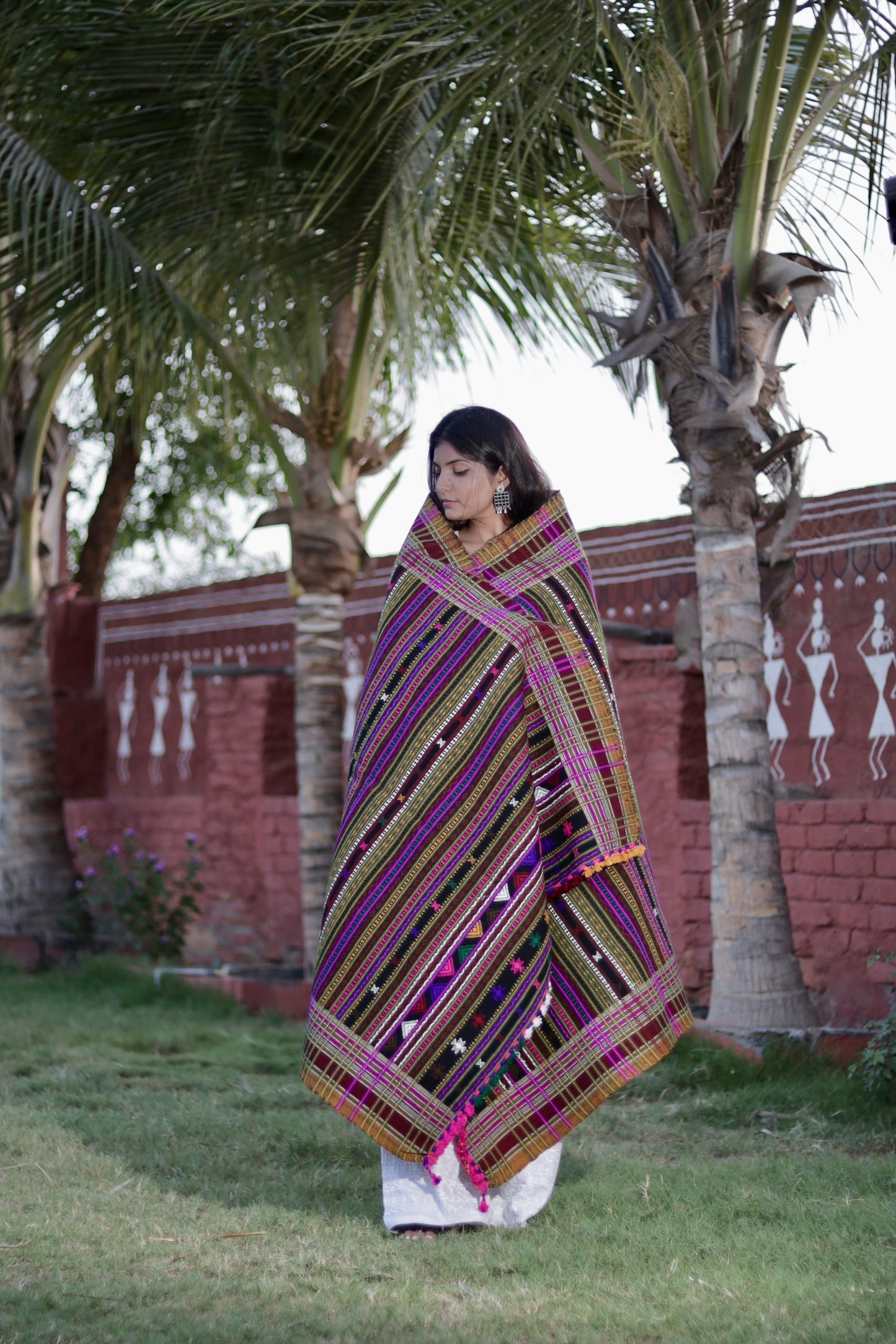 Elegant regal stripe wool shawl handcrafted using traditional handloom weaving techniques