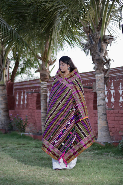 Elegant regal stripe wool shawl handcrafted using traditional handloom weaving techniques