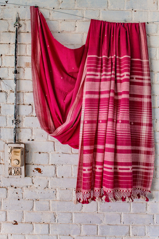 Rose Kala Cotton Bhujodi saree featuring traditional handwoven patterns and artisanal craftsmanship