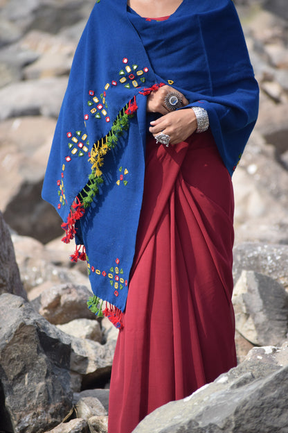 Elegant royal blue wool stole handcrafted using traditional handloom weaving techniques