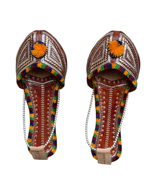 Zari handstitched leather jutti showcasing traditional craftsmanship and intricate detailing