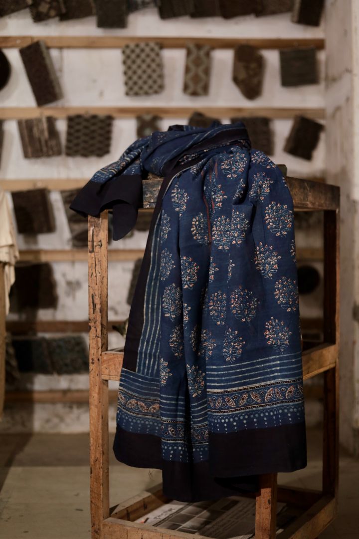 Ethnic indigo blue mul cotton dupatta adorned with detailed Ajrakh-inspired patterns