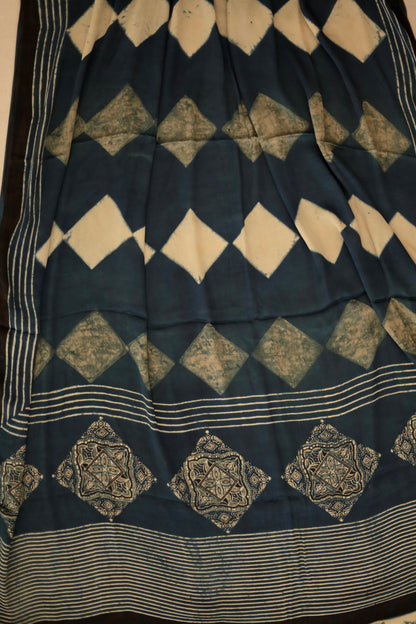 Premium indigo mint Ajrakh dupatta with heritage block print motifs and luxurious texture