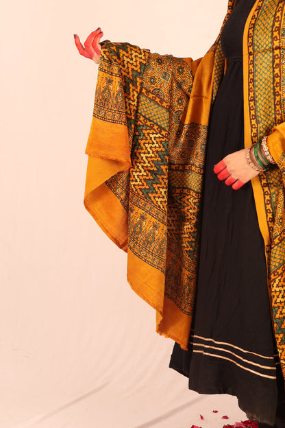 Ethnic mustard Ajrakh dupatta with detailed geometric motifs and luxurious texture
