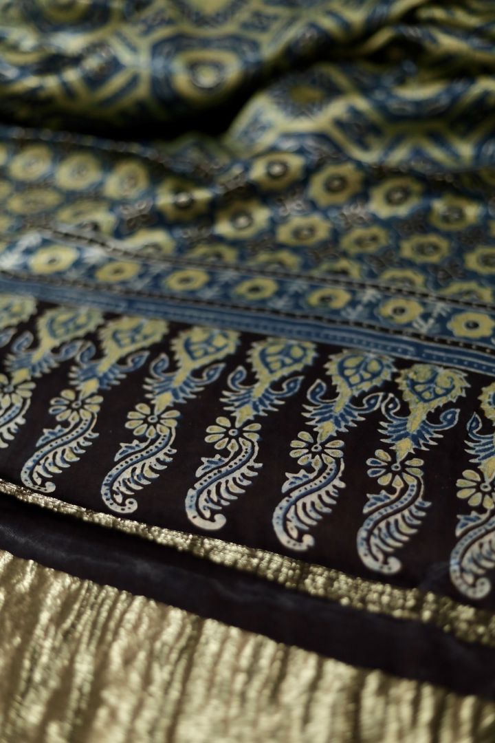 Traditional olive blue Ajrakh modal silk dupatta showcasing authentic artisan craftsmanship and decorative borders