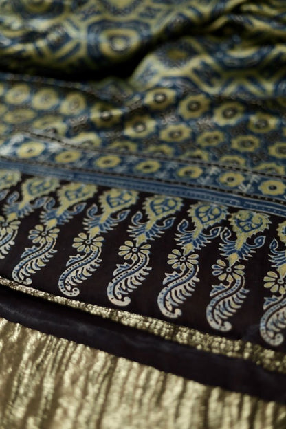Traditional olive blue Ajrakh modal silk dupatta showcasing authentic artisan craftsmanship and decorative borders
