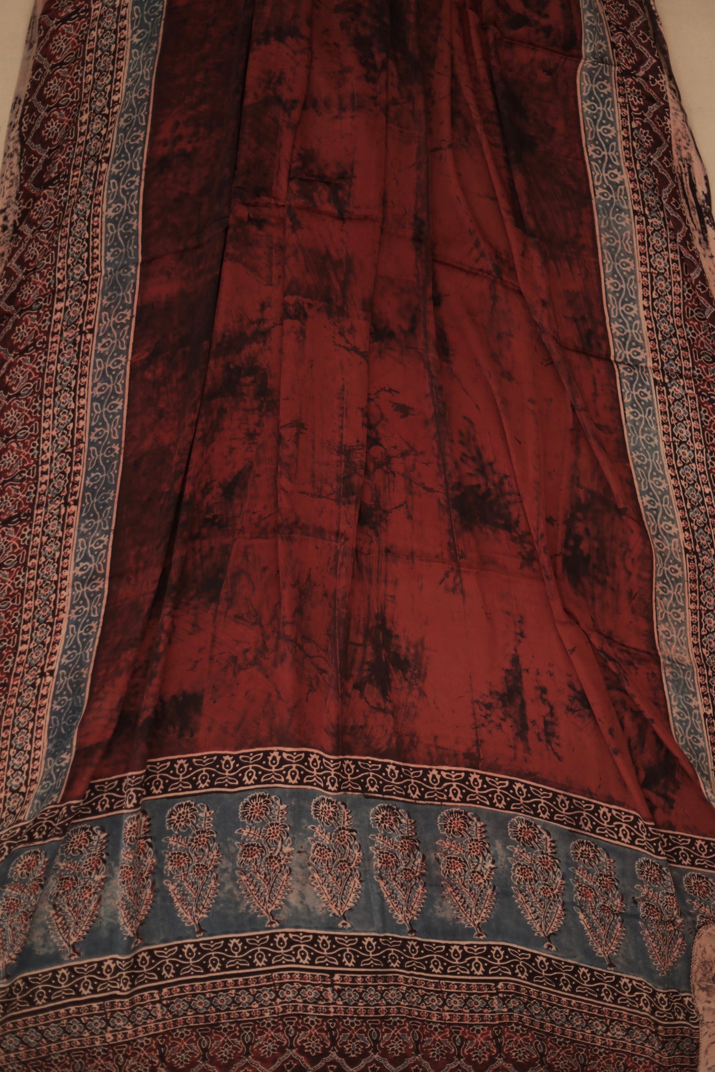 Premium rustic maroon Ajrakh dupatta with heritage block print motifs and luxurious texture