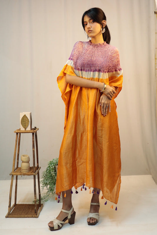 Saffron Fade Bandhani Shibori Silk Kaftaan