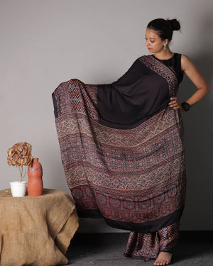 Black Ajrakh Modal Silk Saree