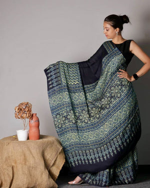 Black & Teal Ajrakh Modal Silk Saree