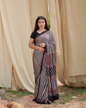 Black & White Stripe Ajrakh Modal Silk Saree