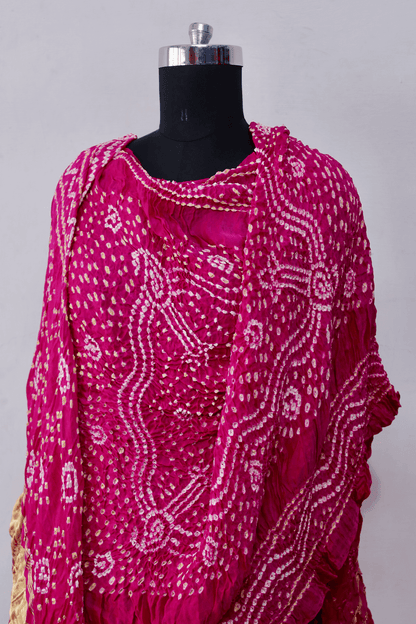 Luxurious blush pink Bandhani dupatta crafted in soft and lustrous Gajji silk
