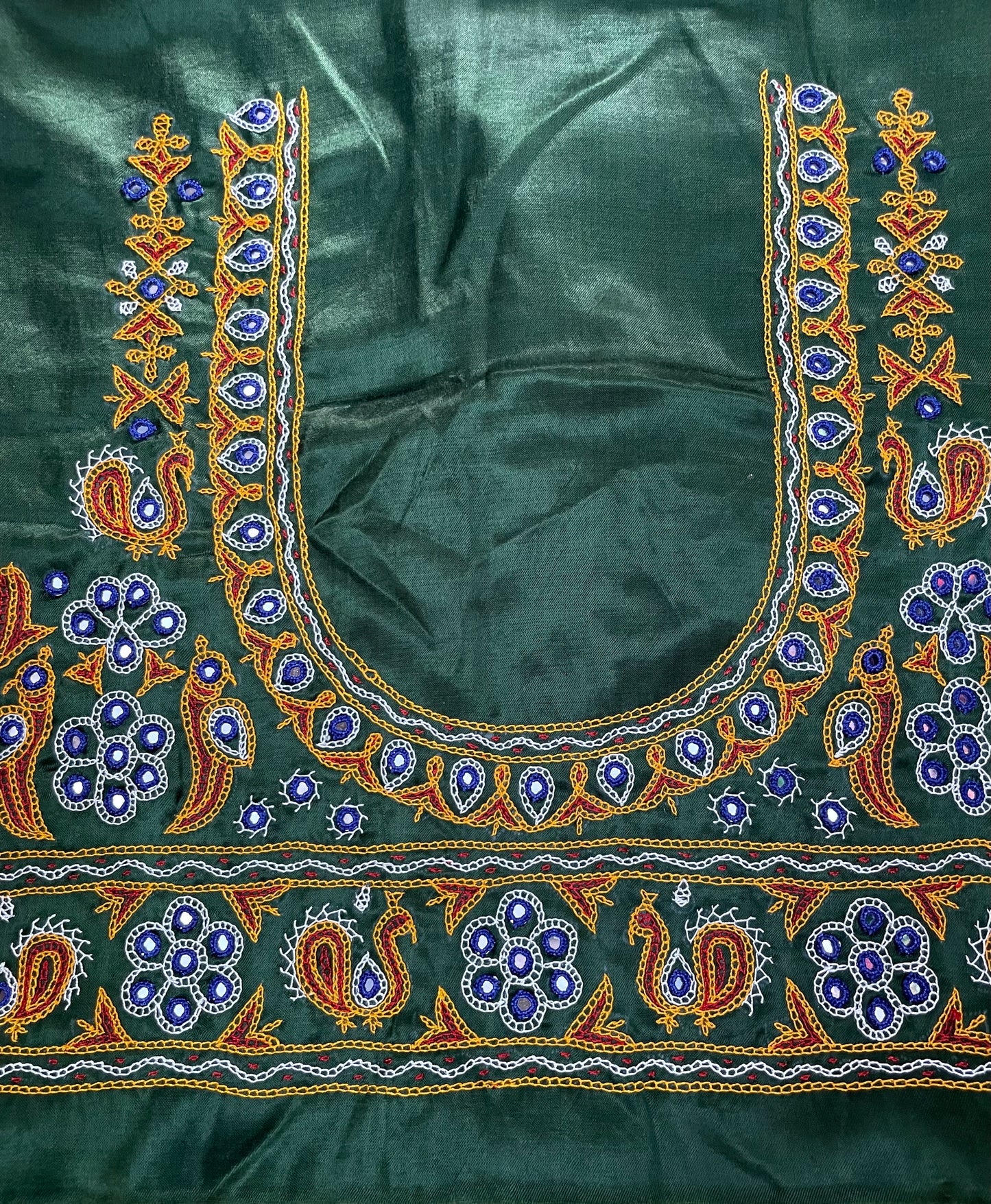Bottle green Ahir embroidery blouse piece showcasing intricate handcrafted embroidery details