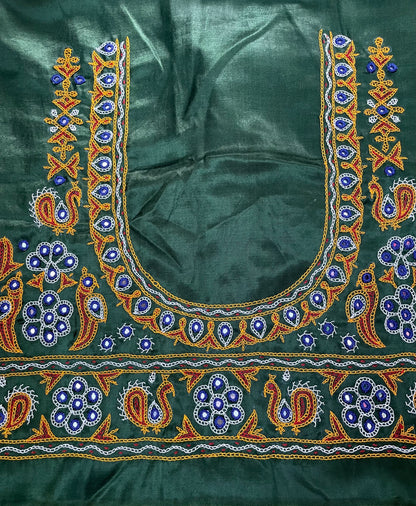 Bottle green Ahir embroidery blouse piece showcasing intricate handcrafted embroidery details
