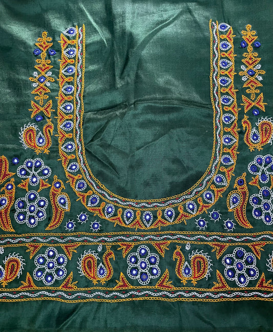 Bottle green Ahir embroidery blouse piece showcasing intricate handcrafted embroidery details