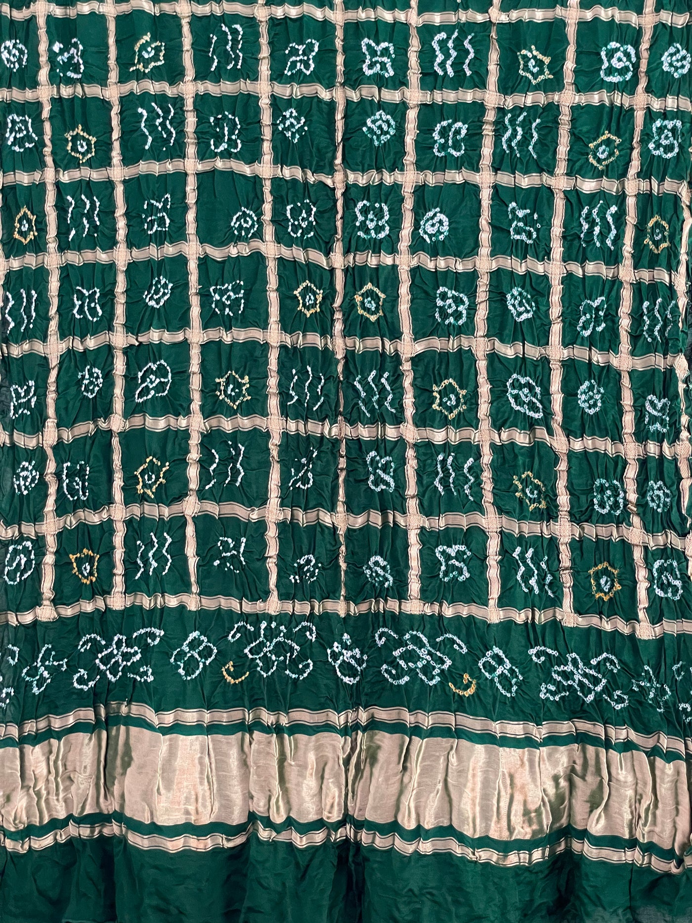 Luxurious bottle green Bandhani Gharchola dupatta with rich zari work and festive appeal