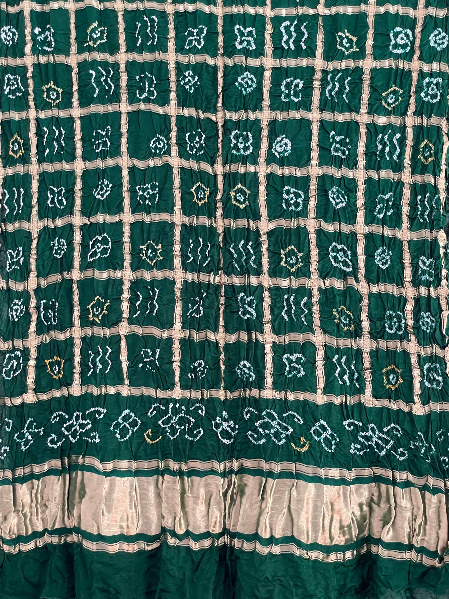 Luxurious bottle green Bandhani Gharchola dupatta with rich zari work and festive appeal