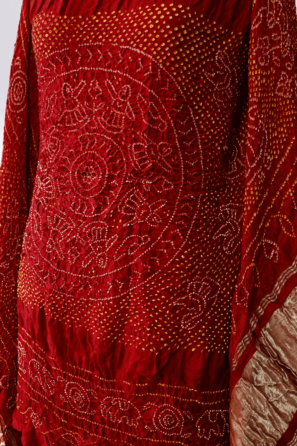 Handcrafted brick red Rai Bandhej dupatta made from premium Gajji silk fabric