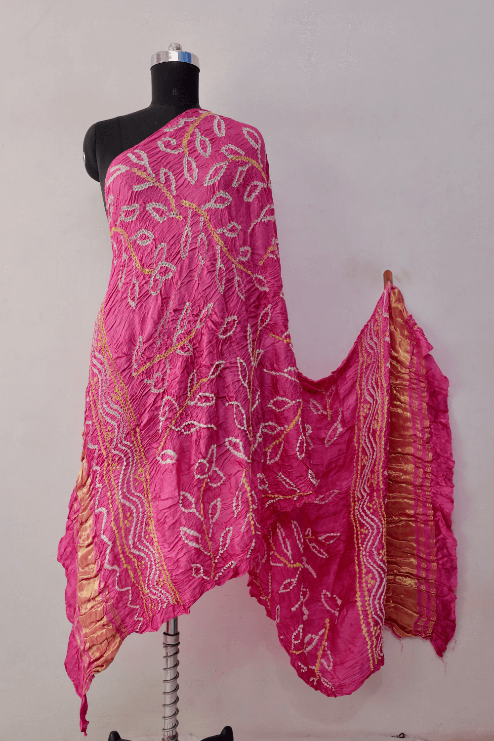 Handcrafted bubblegum pink Bandhani dupatta made from premium modal silk fabric
