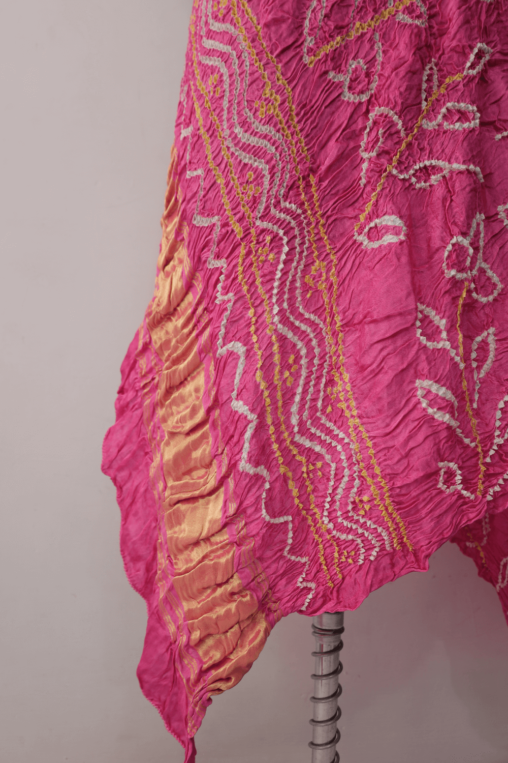 Traditional bubblegum pink Bandhani modal silk dupatta with intricate artisanal patterns